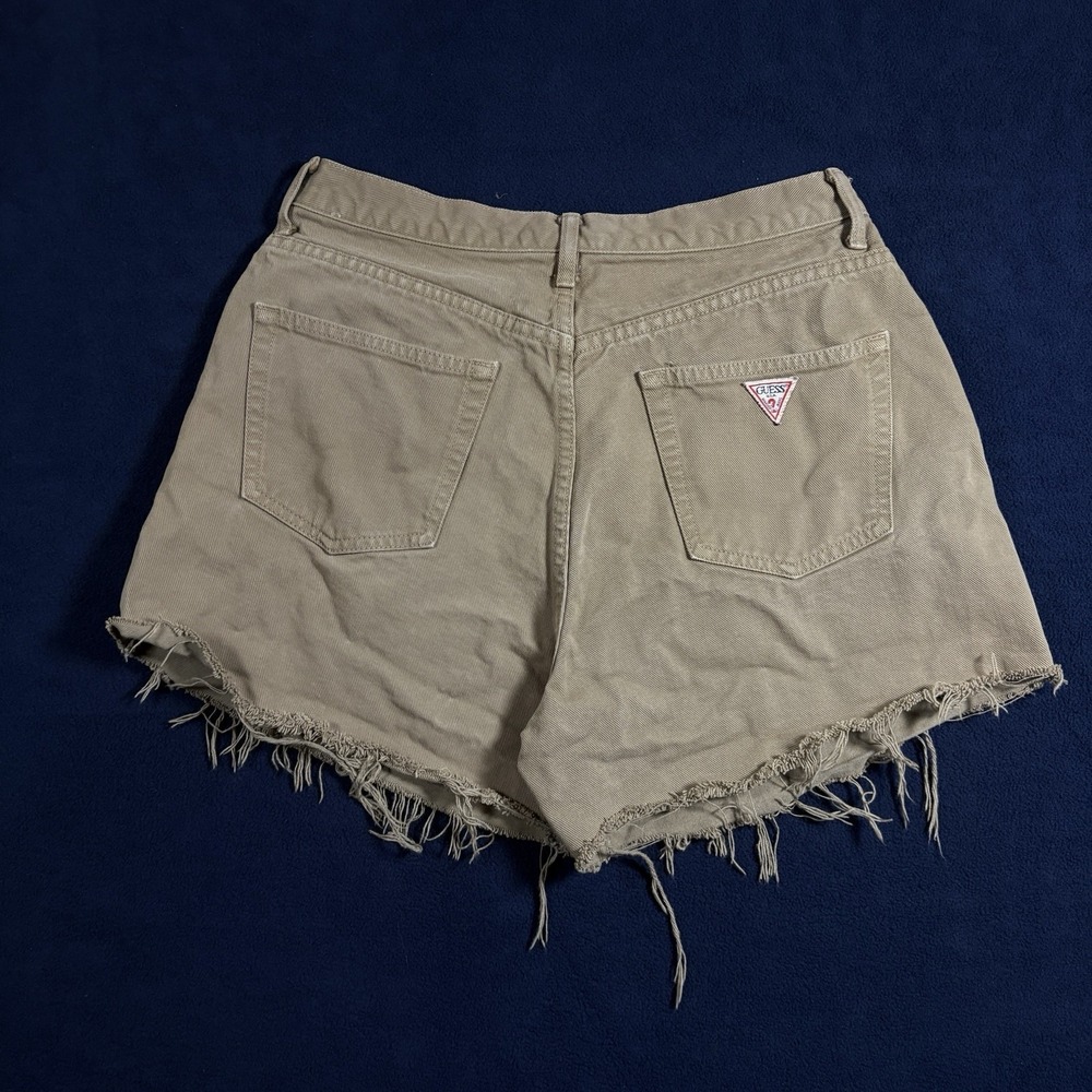 Vtg 90s Guess Jeans Womens 30 Khaki Tan Cutoff Shorts Denim Raw Hem USA Made